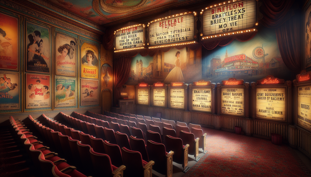 Affiche film B vintage avec décor et affiches de films français emblématiques, sièges rouges et grand écran.