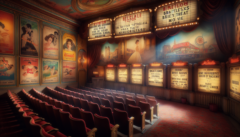 Affiche film B vintage avec décor et affiches de films français emblématiques, sièges rouges et grand écran.