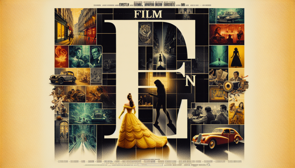 Affiche cinématographique "Film en E" avec Belle, course poursuite et silhouette parisienne.