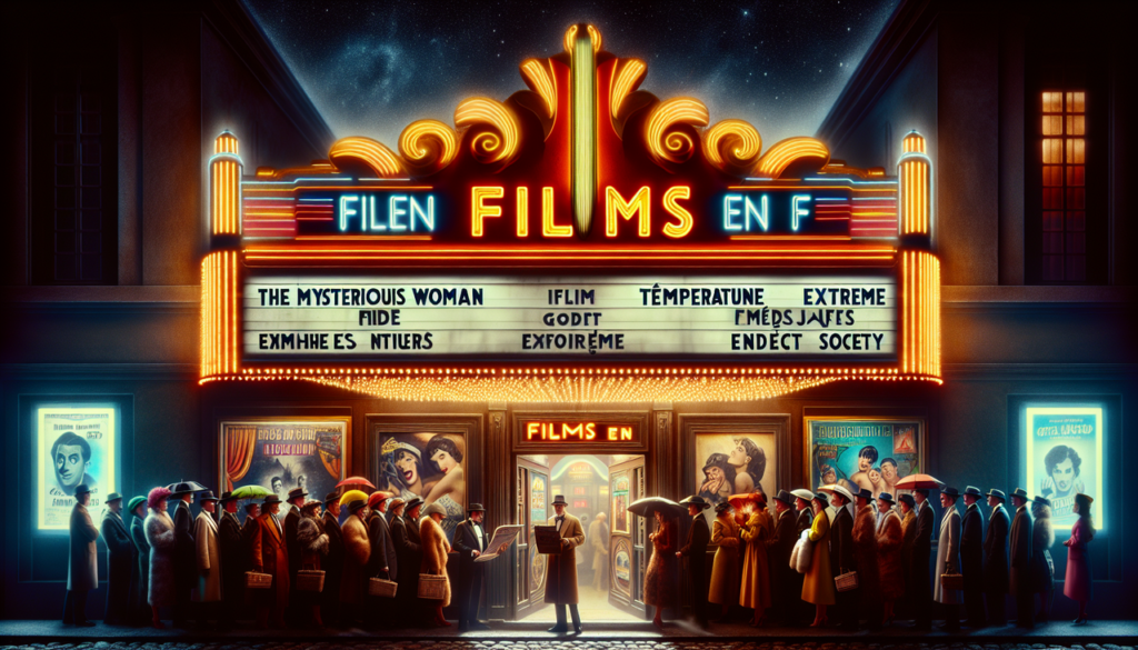 Affiche "Films en F" sur l'entrée d'un cinéma, avec des affiches de films en arrière-plan.
