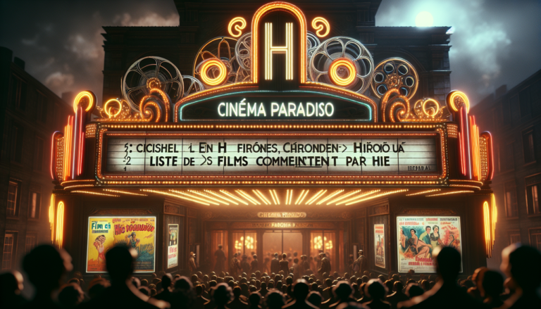 Affiche "Film en H: Liste des Films qui Commencent par H" sur une marquise de cinéma vintage illuminée.