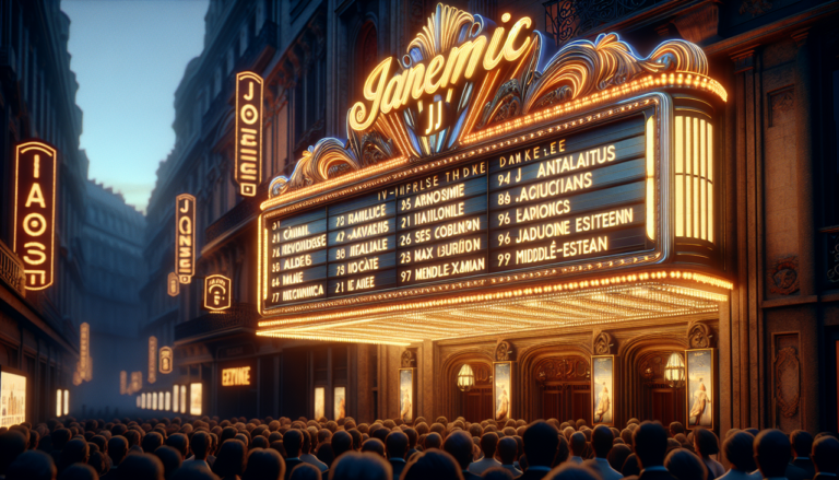 Affiche titre: "Films en J" sur une marquise vintage avec des néons, ambiance soirée cinéma chic.