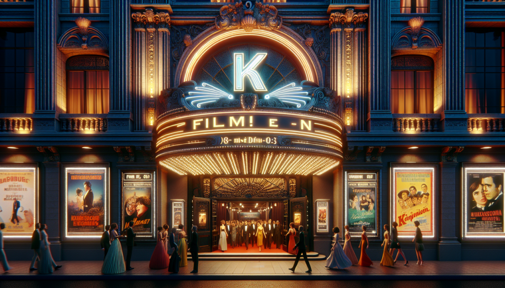Affiche "Film en K" en majesté, éclairant une entrée de cinéma riche en détails et en neon au crépuscule.