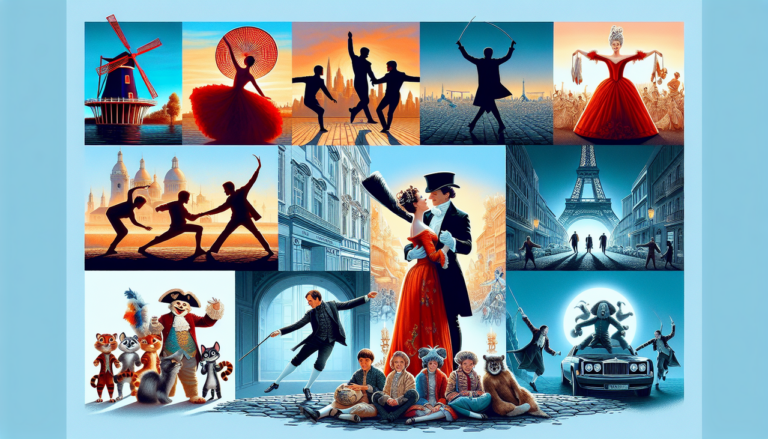 Créer une image avec des éléments iconiques des films en M : Moulin Rouge, M le maudit, Marie Antoinette et Madagascar.