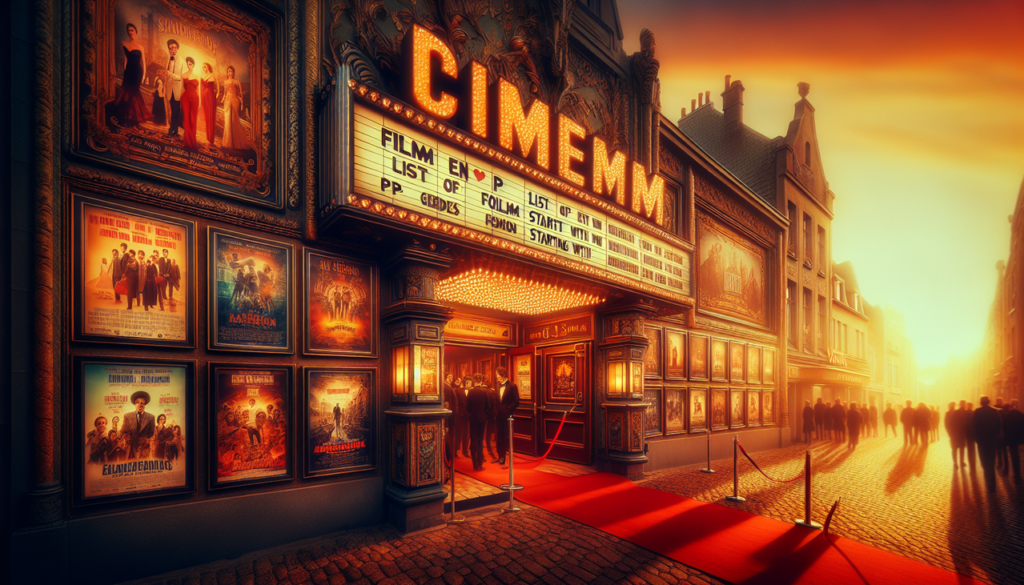 Affiche "Film en P" avec marquise vintage, affiches de films "P" variés, coucher de soleil chaleureux.