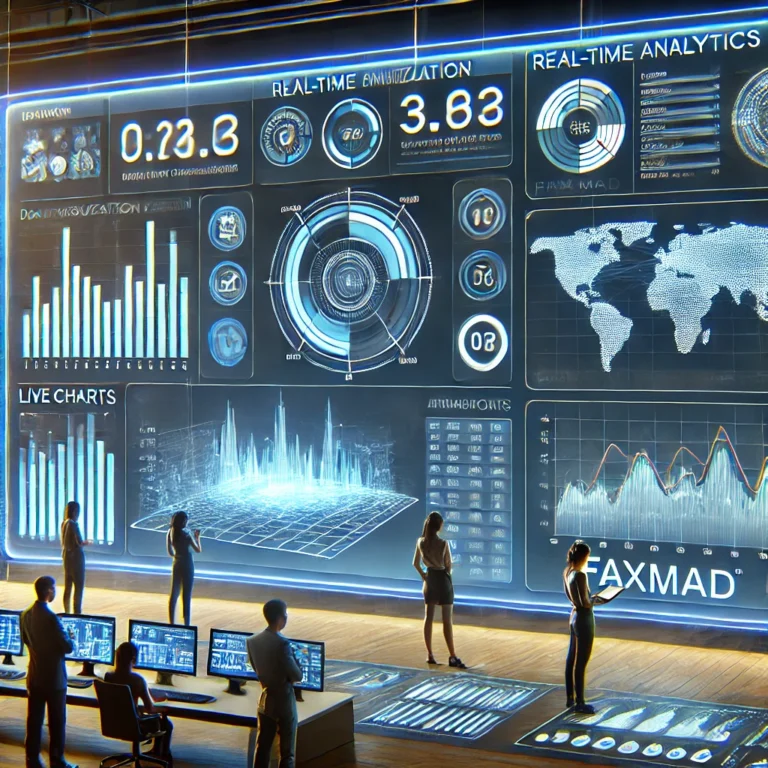 Interface futuriste de Faxmad affichant des graphiques interactifs en temps réel