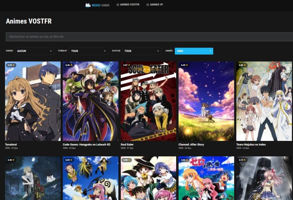 Interface du site Nekosama, plateforme populaire pour regarder des animes en streaming VOSTFR et VF