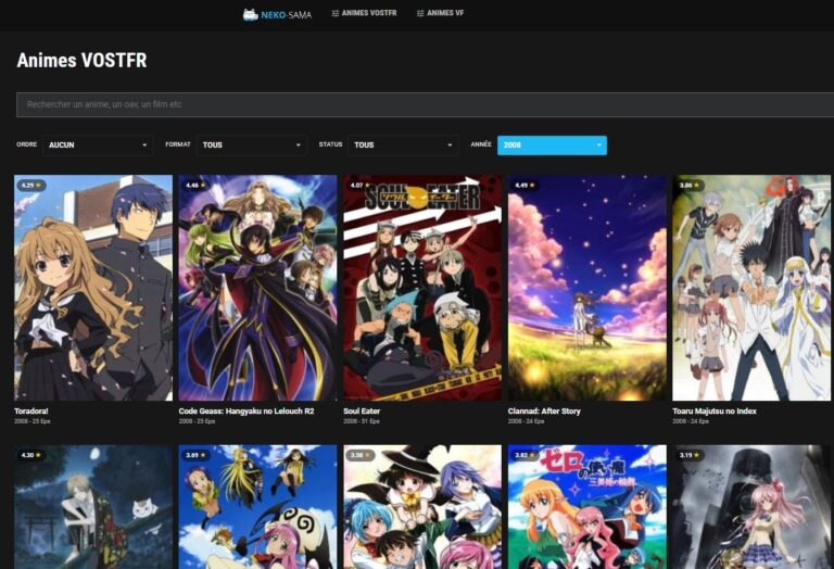 Interface du site Nekosama, plateforme populaire pour regarder des animes en streaming VOSTFR et VF