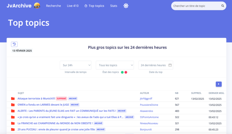 Page d'accueil de JvArchive, la plateforme de sauvegarde du forum 18-25
