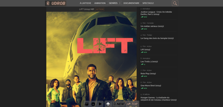 Page d'accueil du site Udrob en 2024, nouvelle adresse de streaming populaire