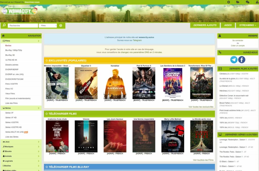 Page d'accueil du site Wawacity avec sa nouvelle adresse officielle mise à jour en 2024